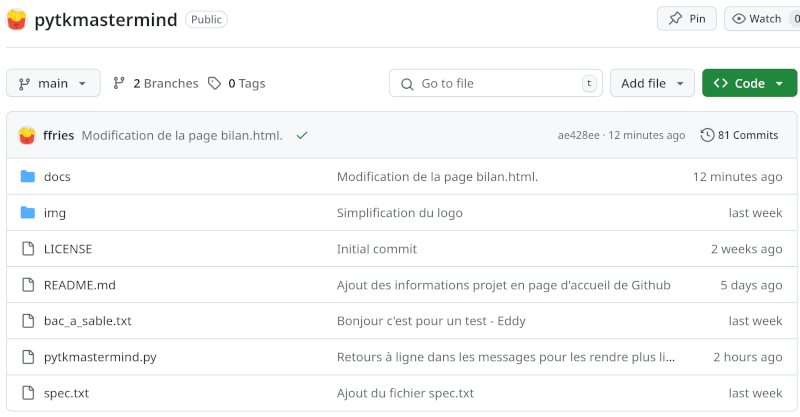 Copie d'écran du projet Github de pyTkInter